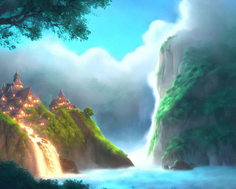 Village on Cliff Overlooking Waterfall in Forest Mist
