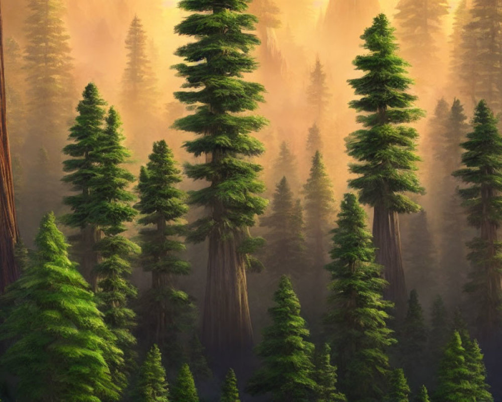 Golden mist filters sunlight through tall green pine trees