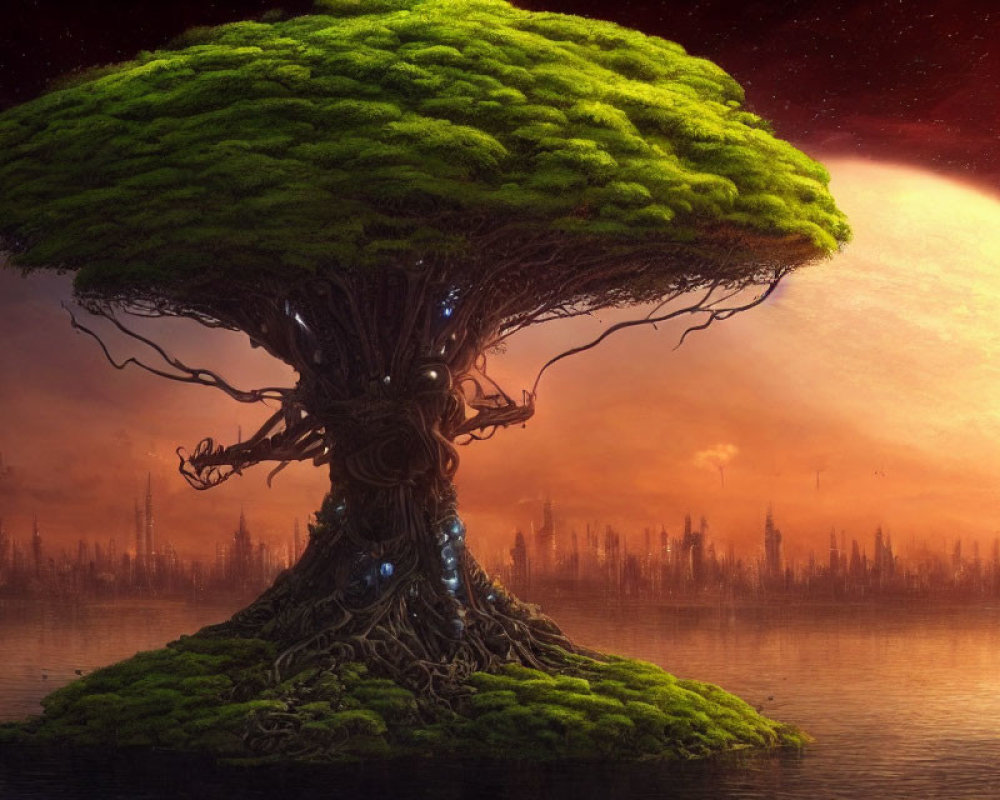 Majestic mystical tree overlooking industrial cityscape at dusk
