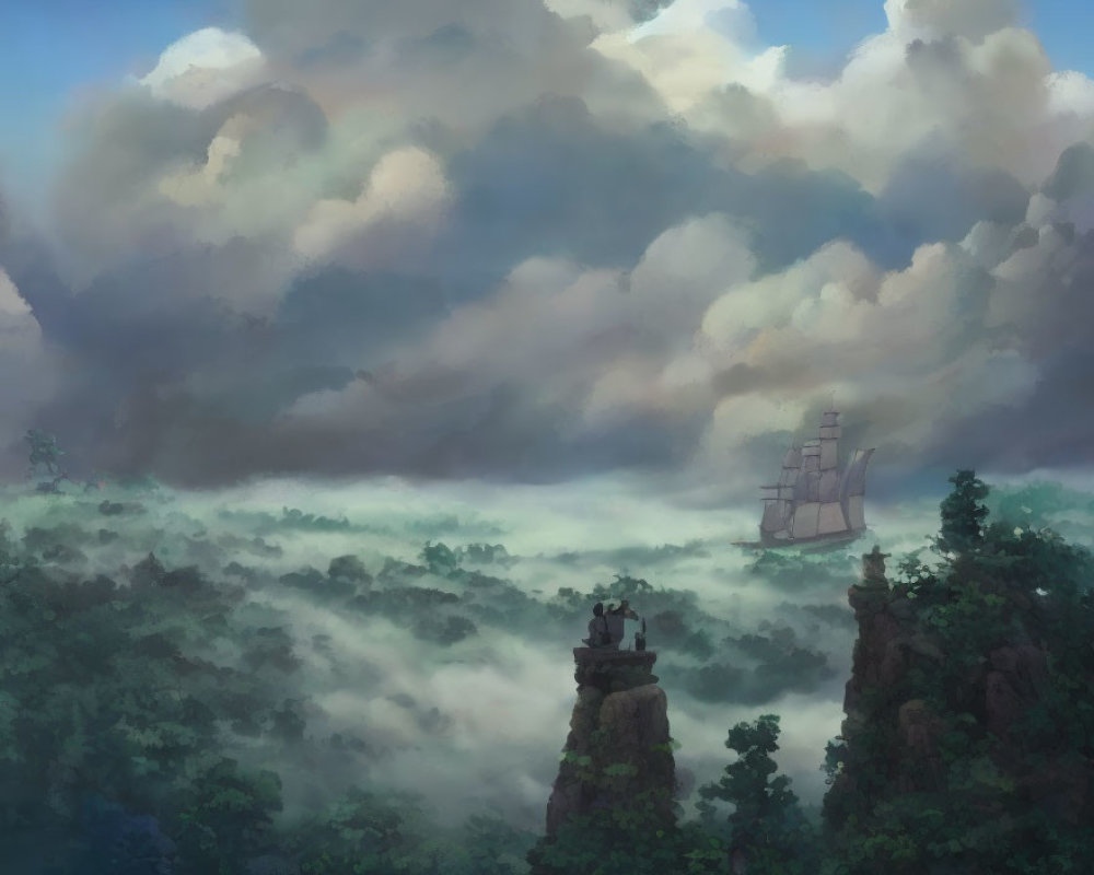Sailing ship above misty forest with rocky cliffs