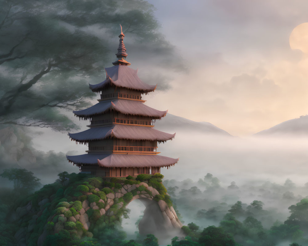 Illustration of multi-tiered pagoda on cliff in misty landscape with moon and trees
