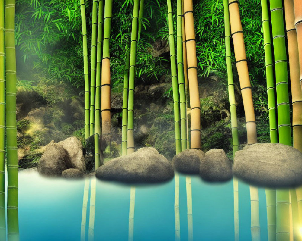 Tranquil Bamboo Forest Pond with Smooth Rocks