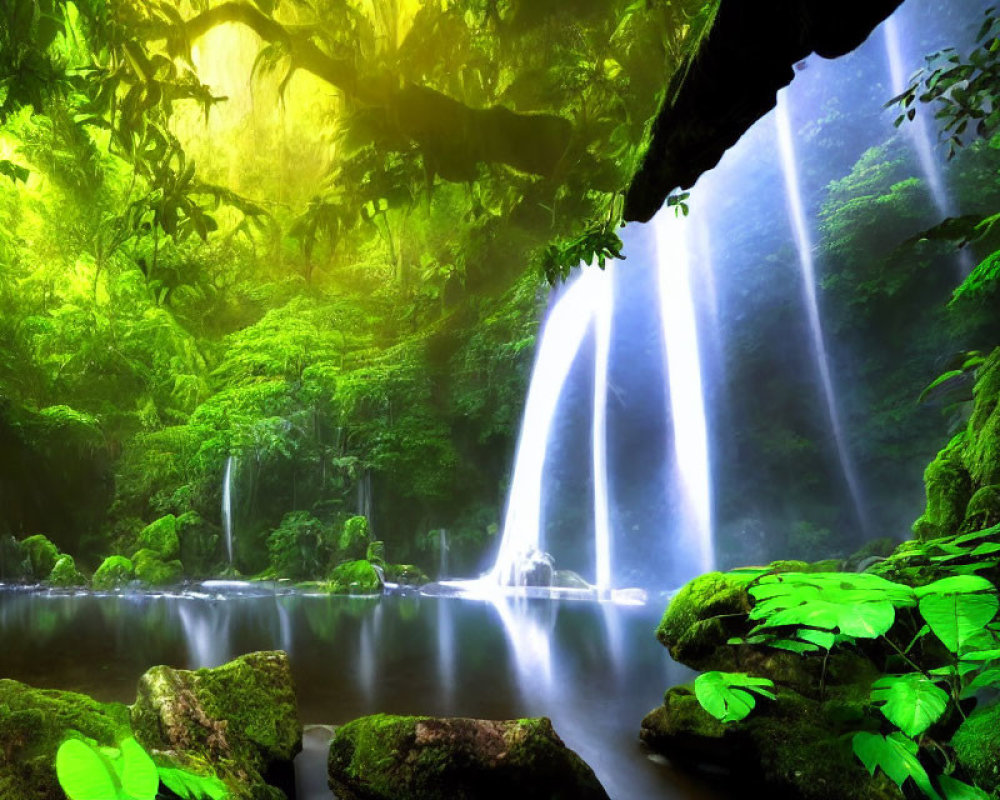Tranquil waterfall in lush forest setting