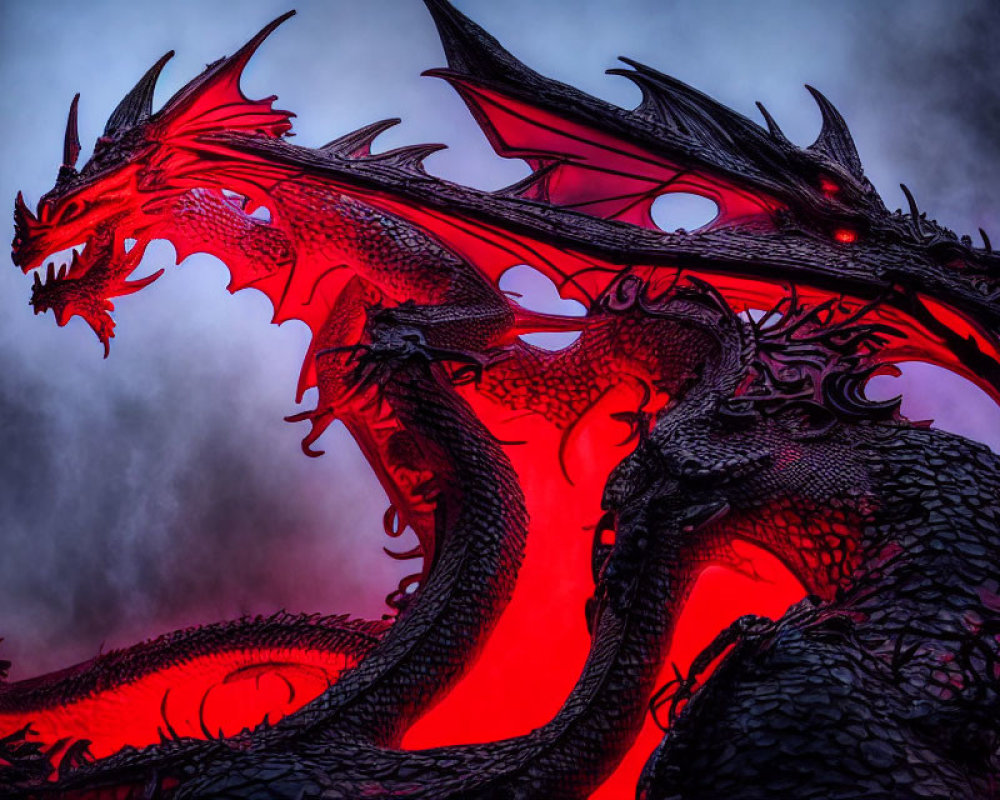 Detailed Red and Black Dragon Illustration in Swirling Mist