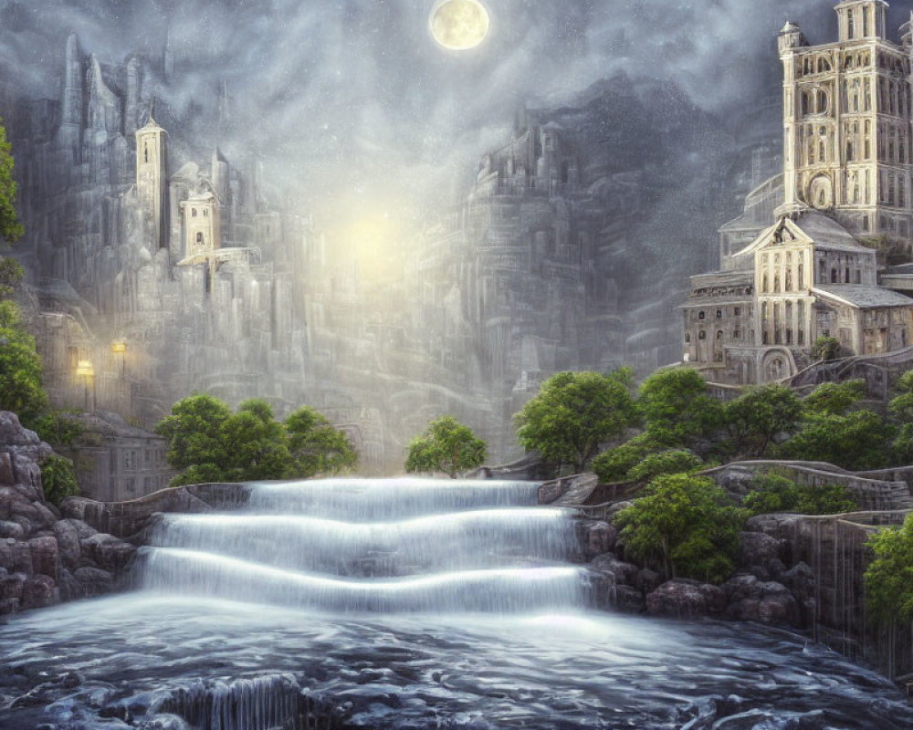Mystical fantasy landscape with waterfall and gothic buildings at night