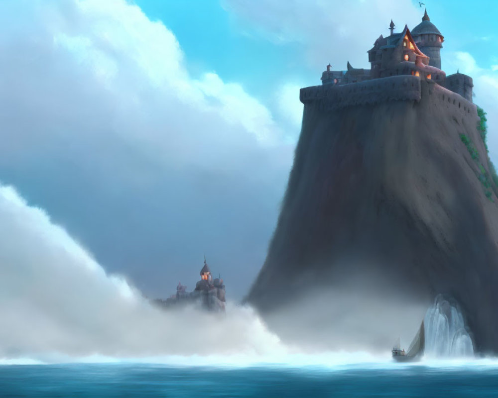 Majestic castle on steep cliff overlooking boat in hazy seascape