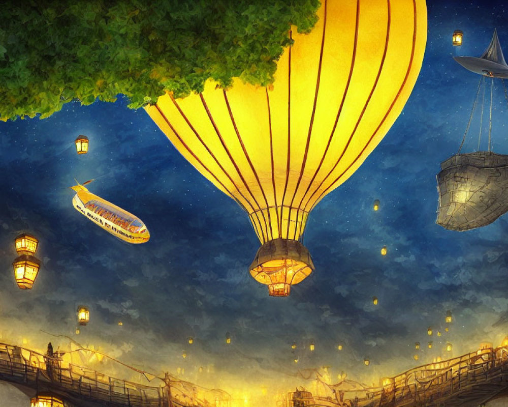 Night Sky Scene with Glowing Hot Air Balloon and Floating Ships