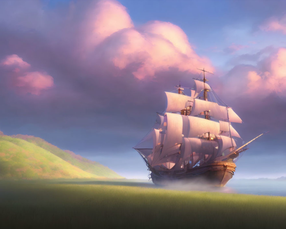 Majestic sailing ship on surreal grassy landscape with pink clouds