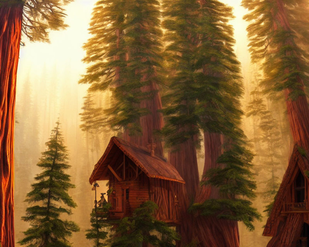 Tranquil forest with towering trees and cozy wooden cabins
