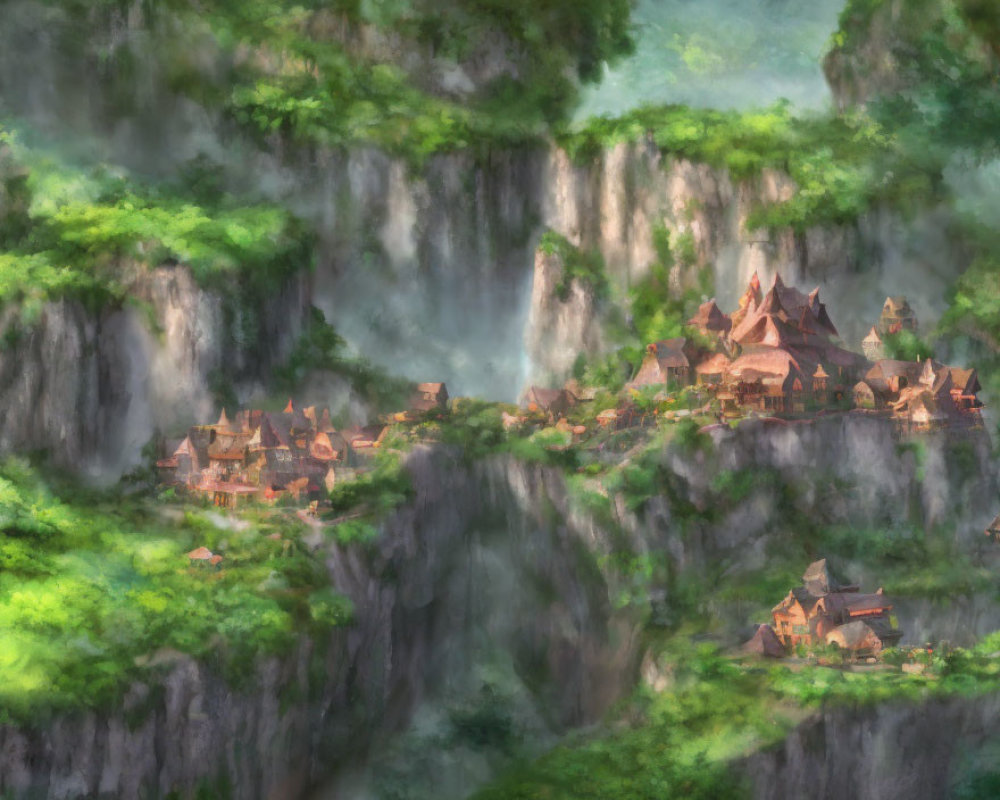 Traditional Houses on Green Cliffs Overlooking Waterfalls in Mystical Village
