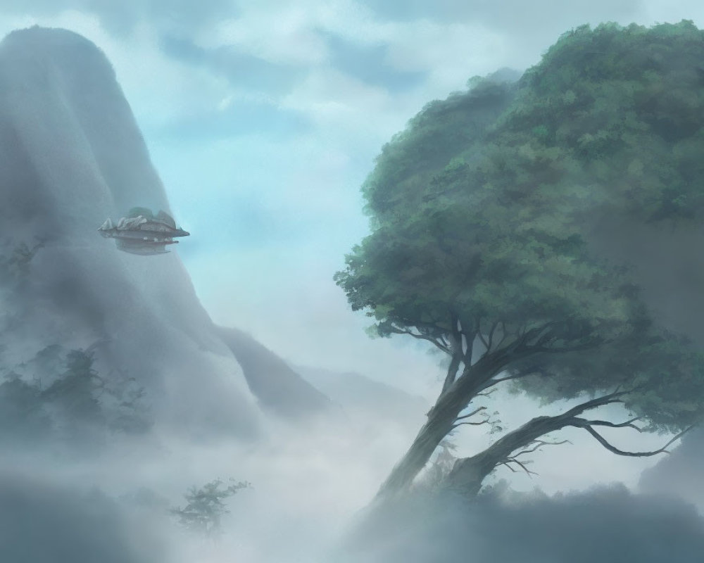 Misty mountain landscape with flying saucer and lone tree