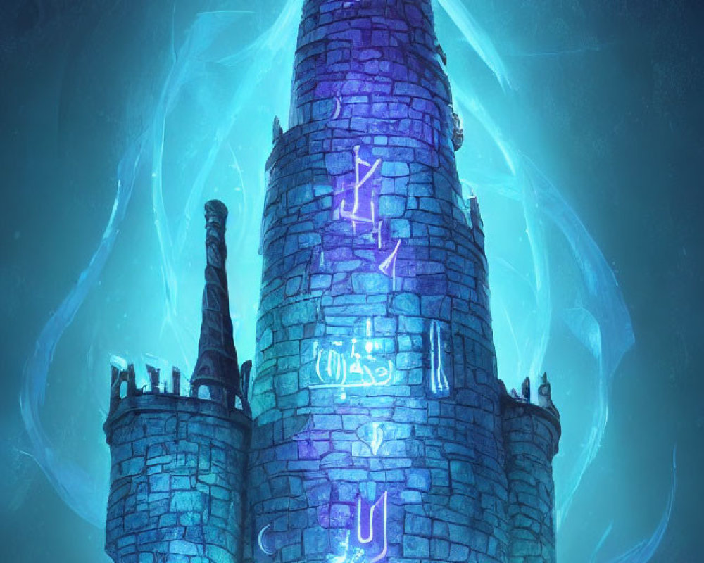 Mystical tower with glowing runes and blue wisps on dark background