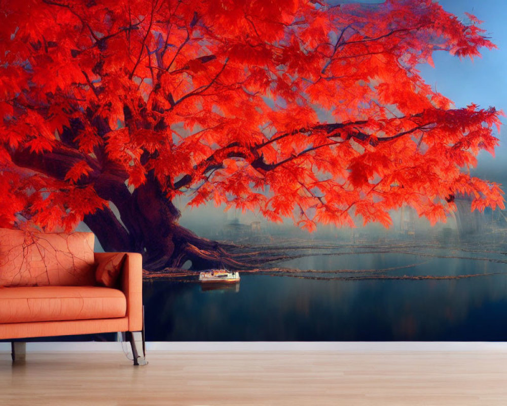 Red-Orange Couch in Room with Realistic Wall Mural of Red Maple Tree by Lake