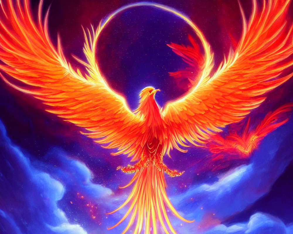 Colorful Phoenix Illustration with Fiery Wings in Dark Blue Sky
