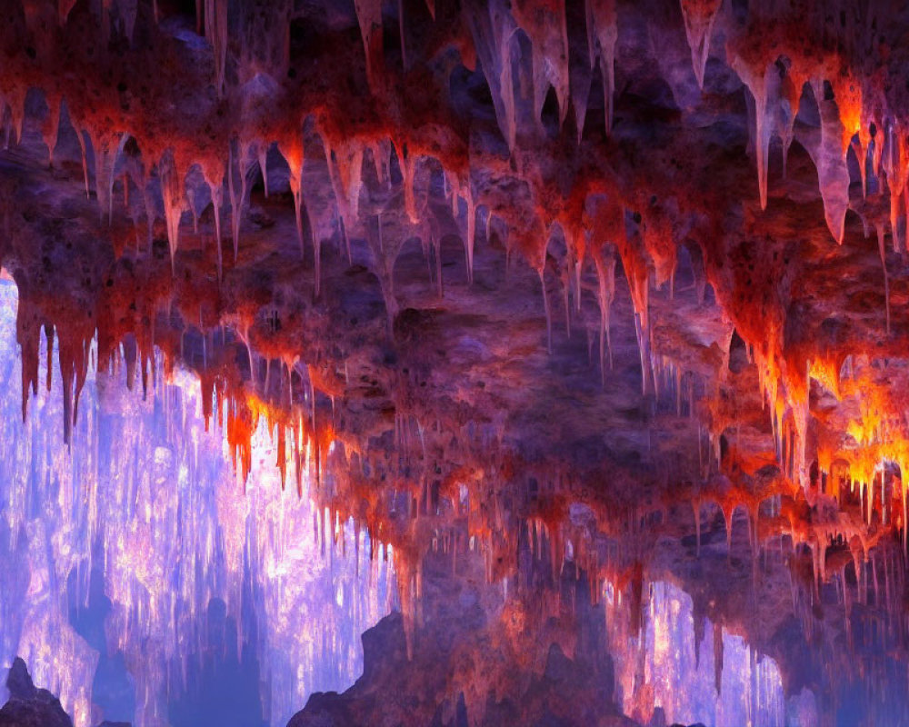 Colorful Cave Interior with Glowing Purple and Orange Stalactites and Stalagmites