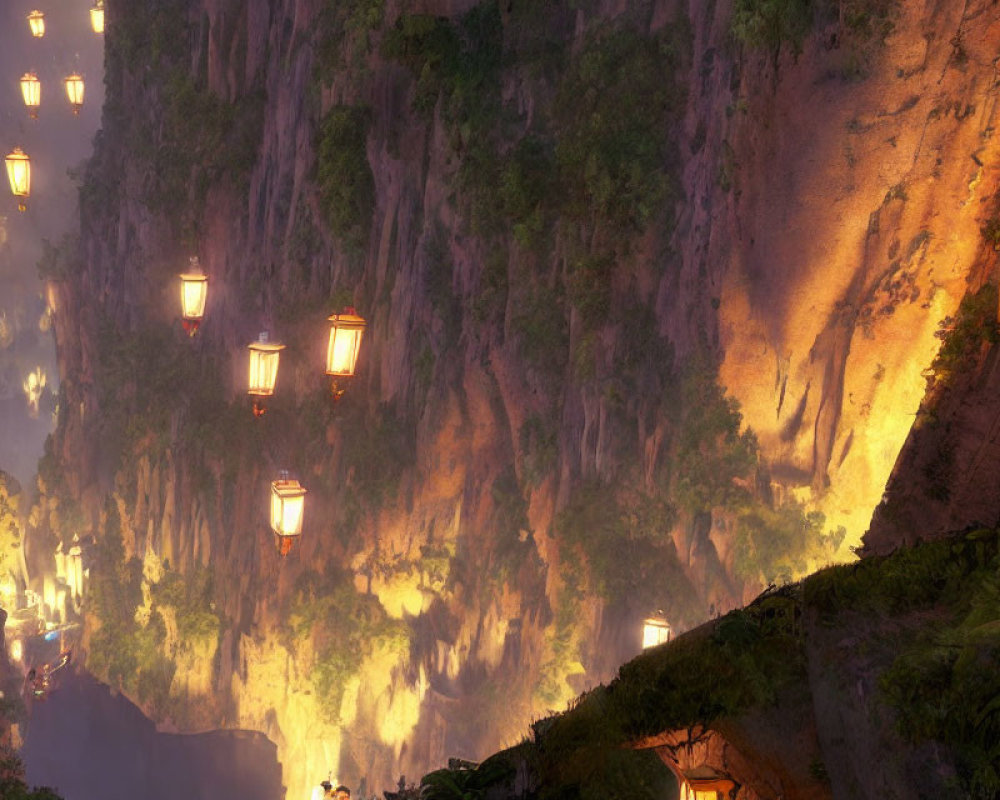 Mystical Valley with Floating Lanterns and Towering Cliffs