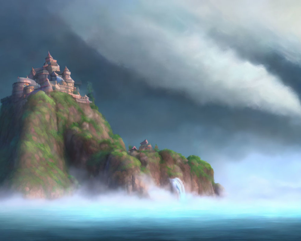 Mystical castle on lush cliff with waterfalls and mist under cloudy sky