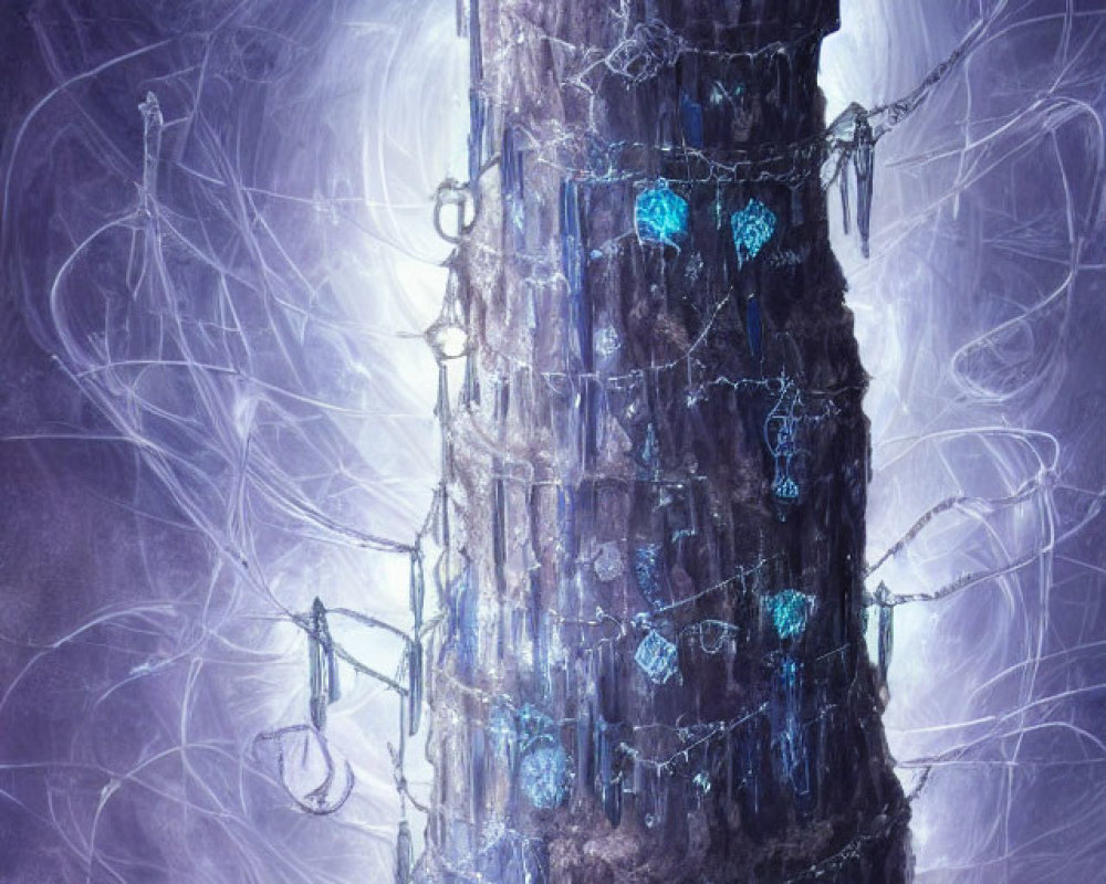 Mystical dark tower with glowing blue runes and gems in misty purple backdrop