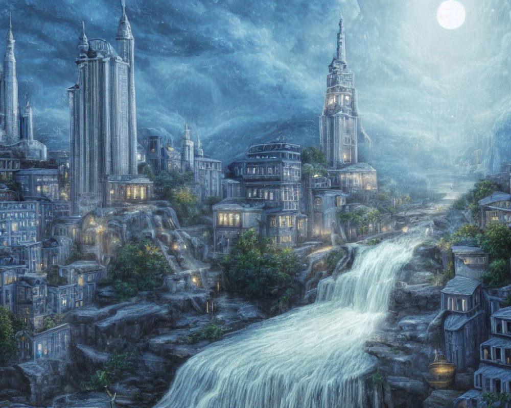 Moonlit cityscape with grand towers and waterfalls in mystical setting