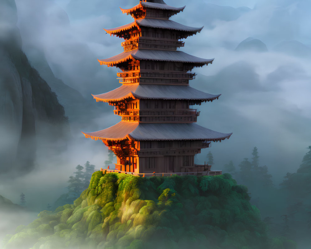 Misty mountain cliff pagoda at dawn with intricate wooden architecture