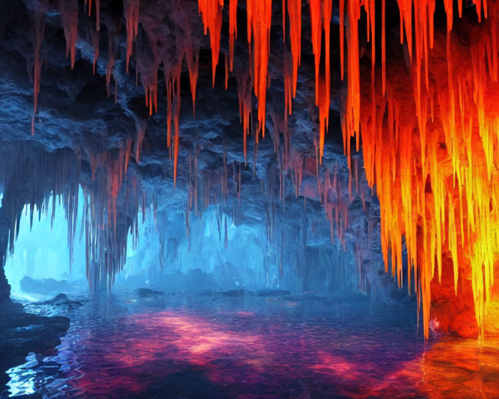 Luminous Cave with Blue and Red Lighting, Stalactites, and Water Reflections