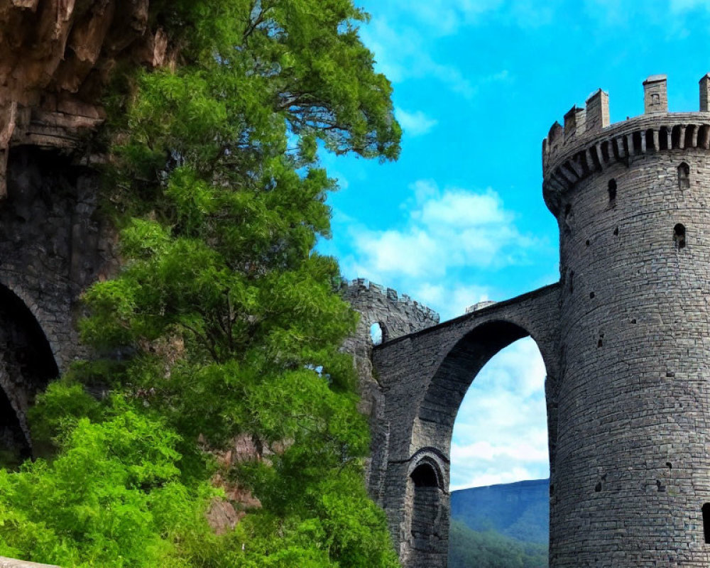 Stone tower, archway, and wall against cliff with greenery under blue sky