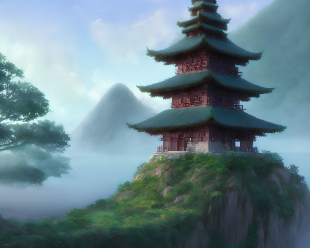 Multi-tiered pagoda on cliff with mist and rolling hills.