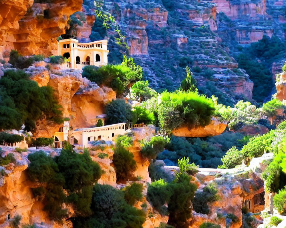 Sunlit monastery in lush green canyon with stone stairway
