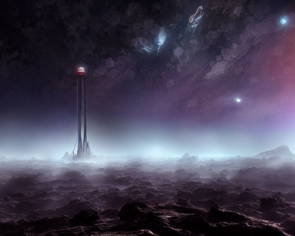 Futuristic monolithic tower on rocky alien surface with cosmic backdrop