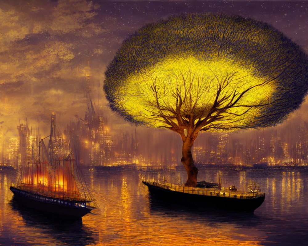Glowing tree on island with ships, cityscape silhouette in orange sky