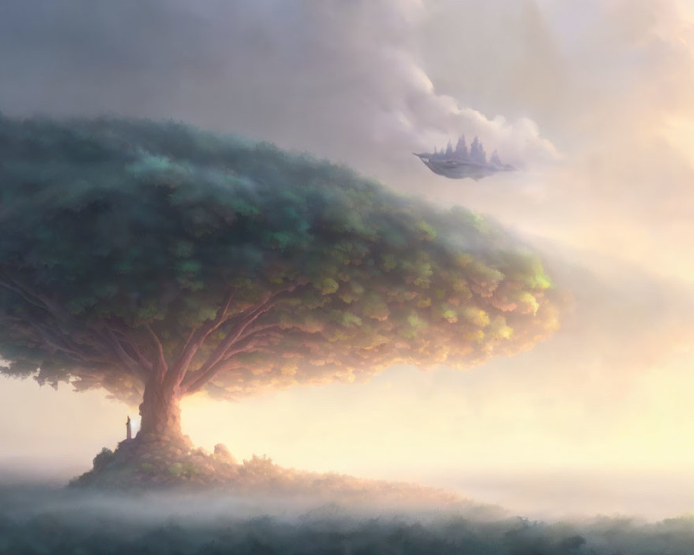 Majestic tree in misty landscape with floating city above