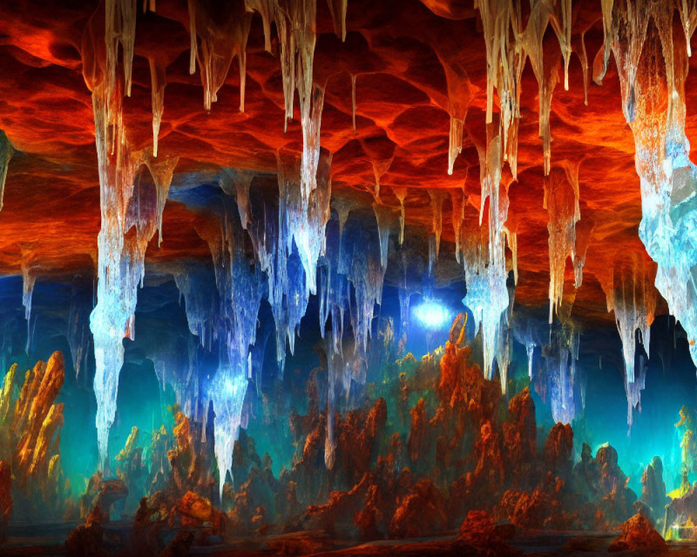 Colorful Cave with Red-Orange Ceilings and Blue Icicle Formations