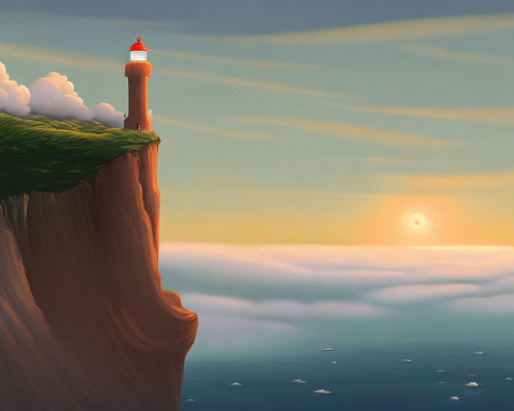 Lighthouse on Cliff Overlooking Sunset Sea