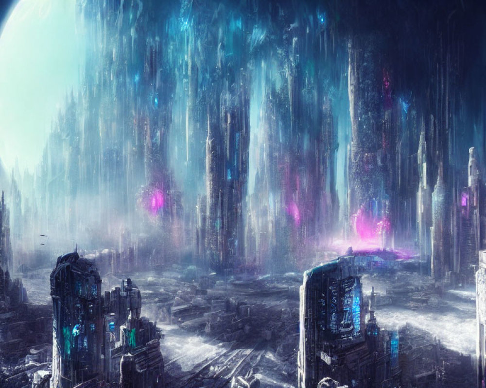 Futuristic cityscape with towering blue structures and pink lights under planet silhouette