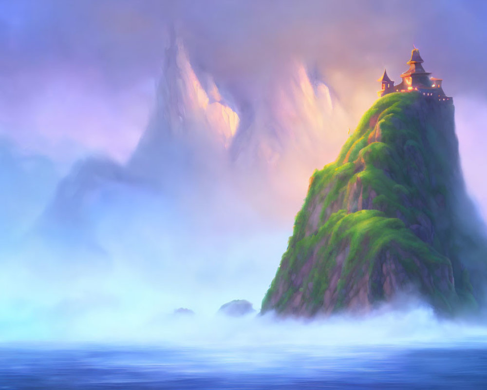Mystical ocean landscape with castle on island & misty mountains