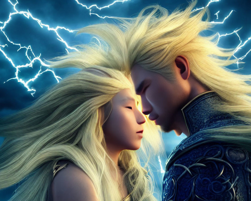 Two Blond-Haired Animated Characters Embrace Under Dramatic Lightning Sky