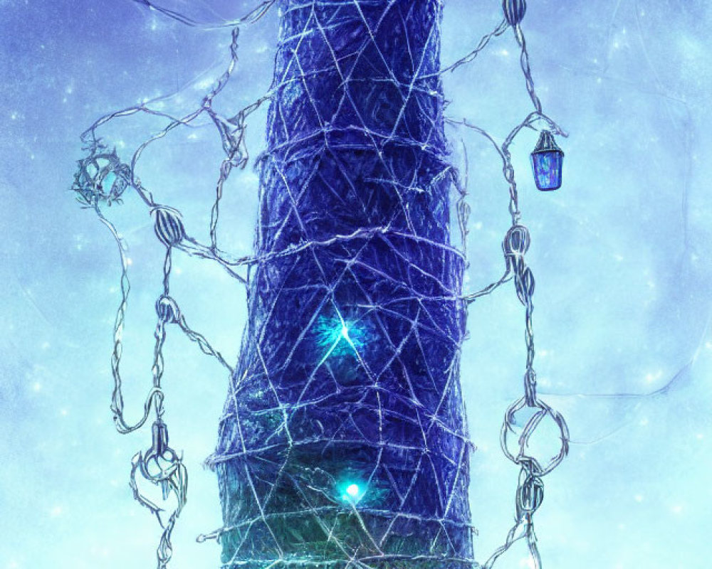 Mystical tower with glowing chains and vines under starry night sky