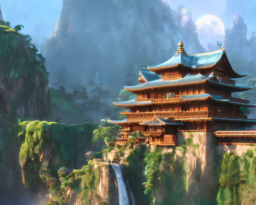 Moonlit Asian Pagoda on Cliff with Waterfall