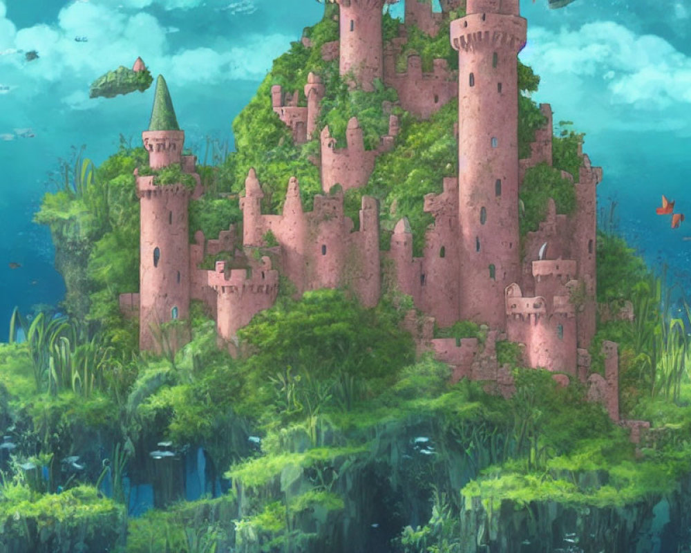 Underwater castle surrounded by greenery, fish, and sunlight.