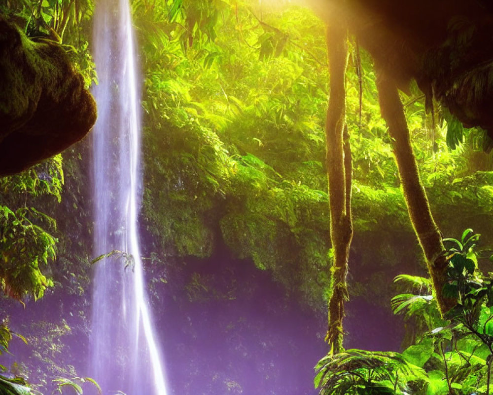 Tranquil waterfall in lush rainforest with sunlight