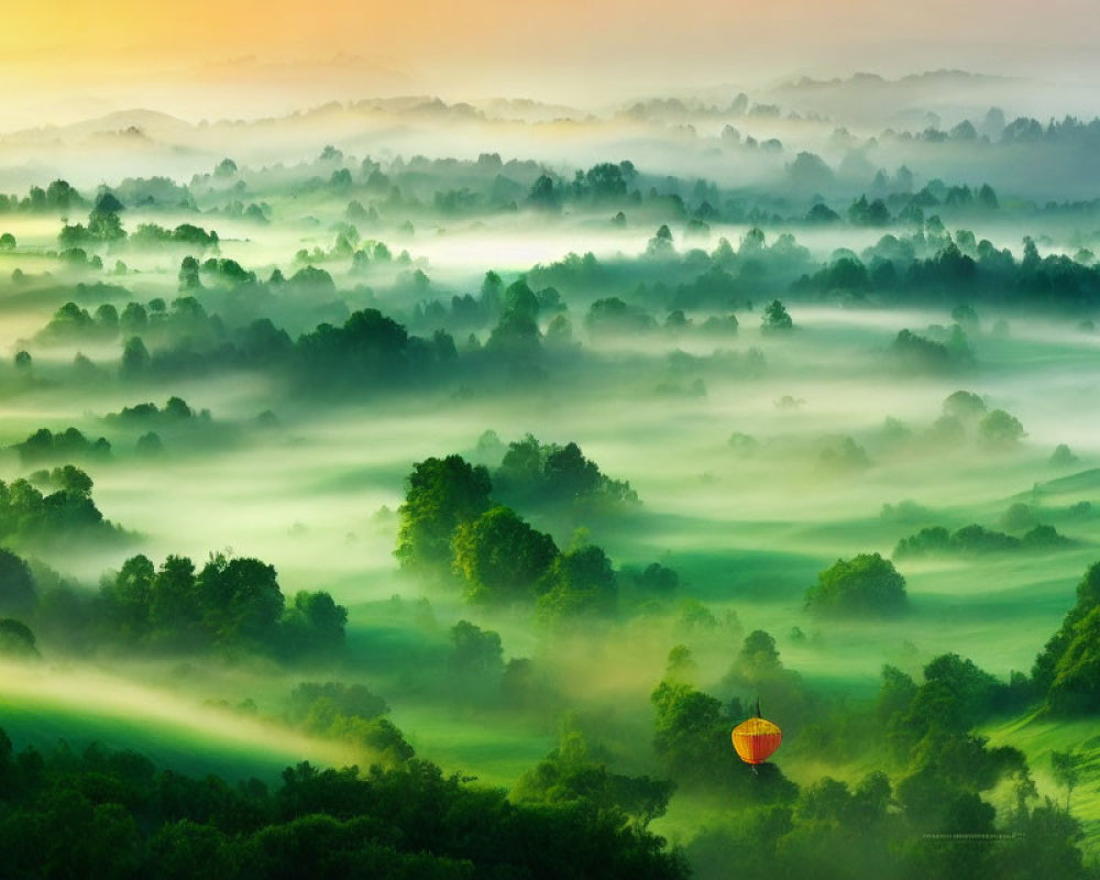 Tranquil landscape with misty hills, trees, and hot air balloon