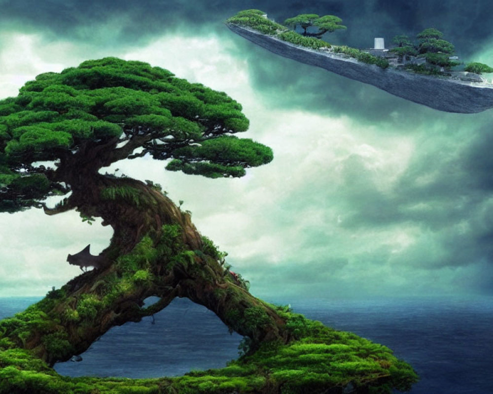 Fantastical landscape with giant bonsai tree over water and floating island.