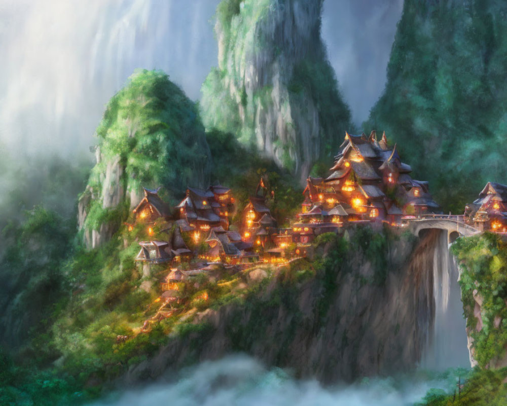 Scenic mountain village with traditional houses, lush greenery, and waterfall view