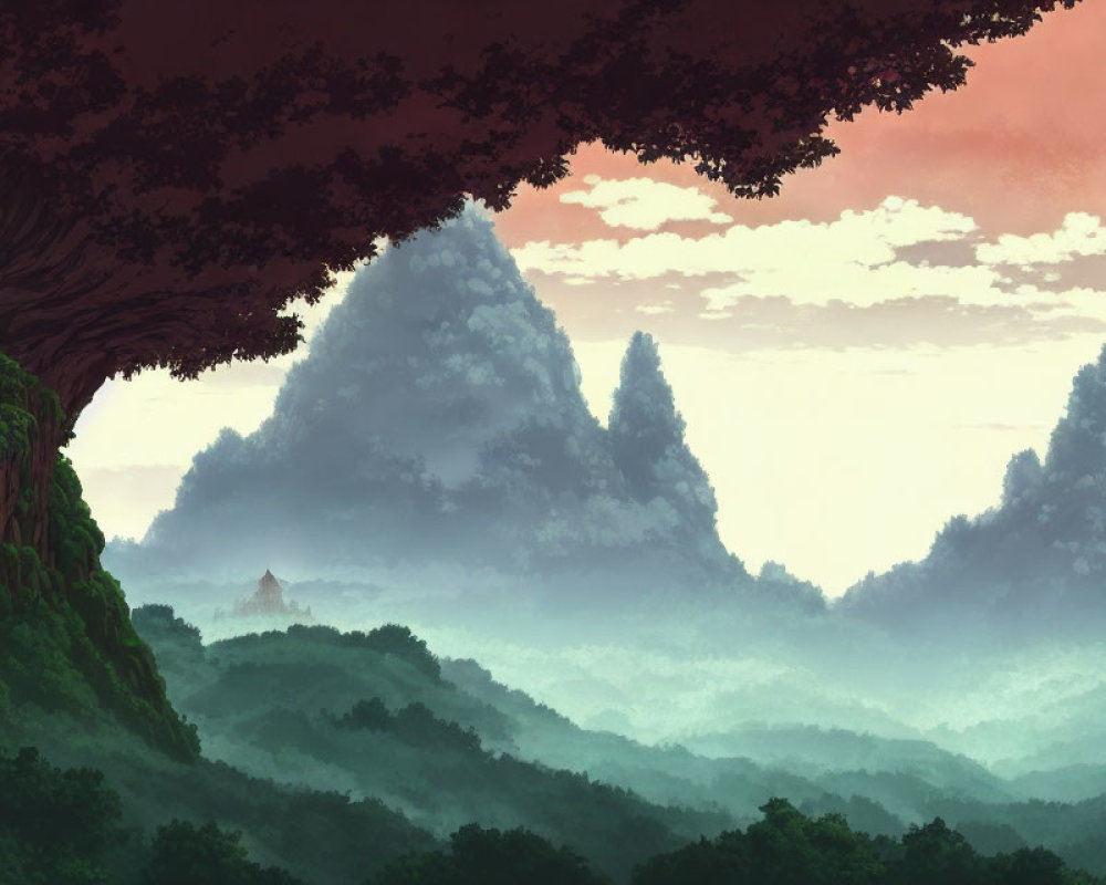 Serene digital art: Verdant landscape, misty mountains, ancient tree.