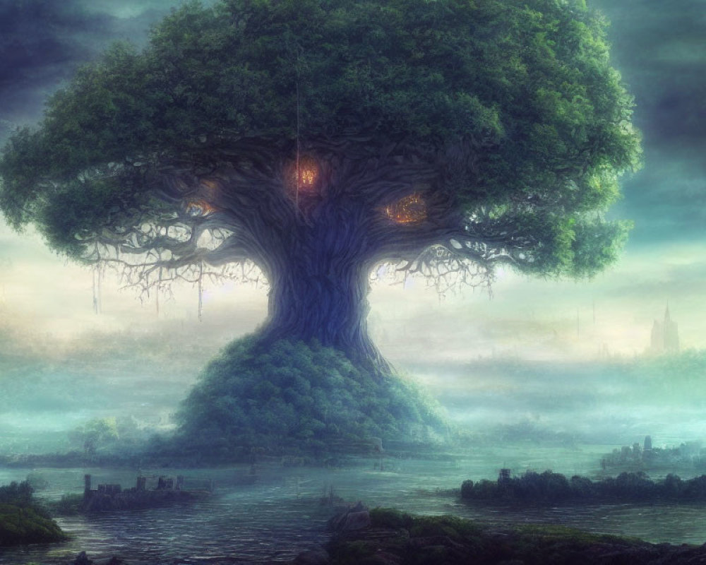 Mystical tree with glowing eyes in misty ruins and spires