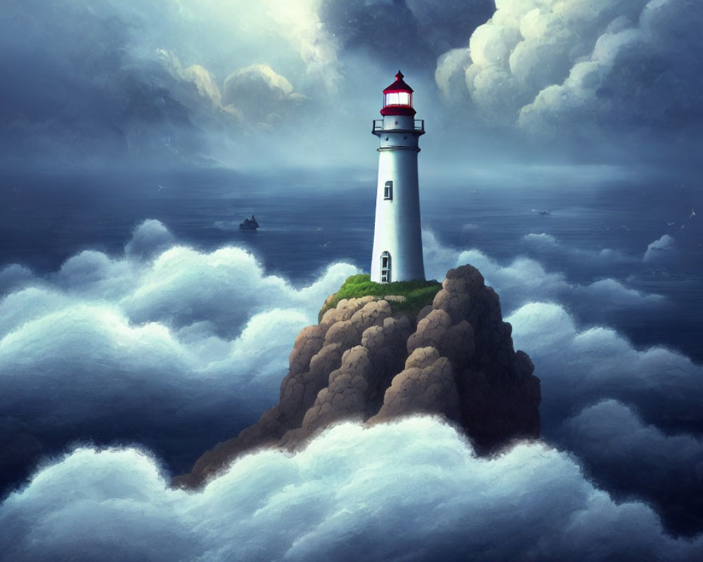 Dramatic lighthouse scene on rocky island with ship in misty background