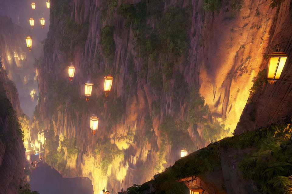 Mystical Valley with Floating Lanterns and Towering Cliffs