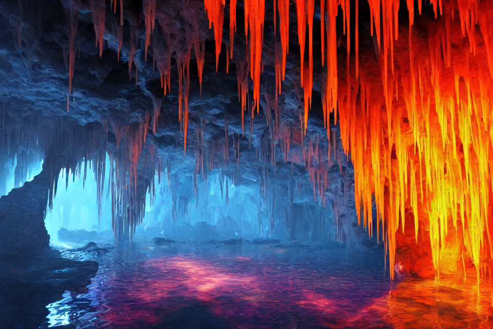 Luminous Cave with Blue and Red Lighting, Stalactites, and Water Reflections