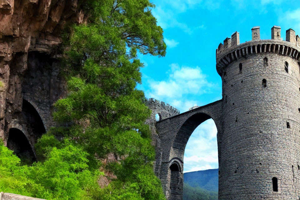 Stone tower, archway, and wall against cliff with greenery under blue sky