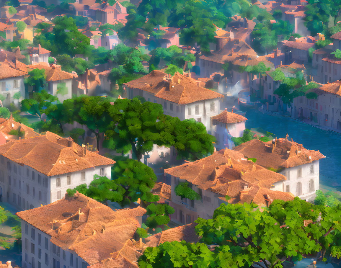 Sunlit village with terracotta roofs and turquoise canals in misty dawn
